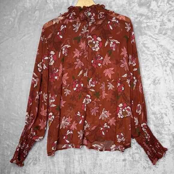 Eloquii Elements Blouse Womens 20 Brown Floral Ruffle Sheer Long Sleeve Boho Top - Picture 2 of 10